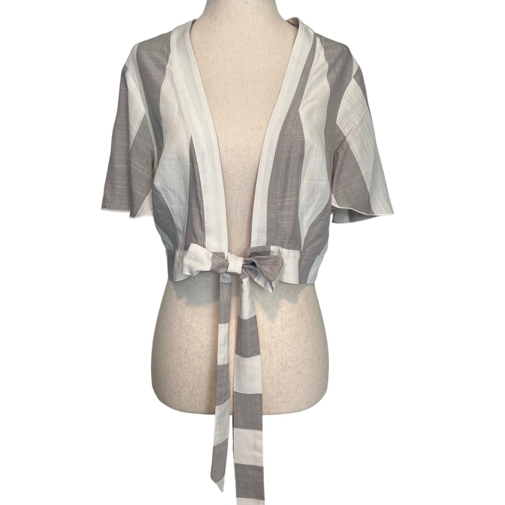 Show Me Your Mumu Women Medium Arie Tie Top Grey White Striped Crop Boho Resort